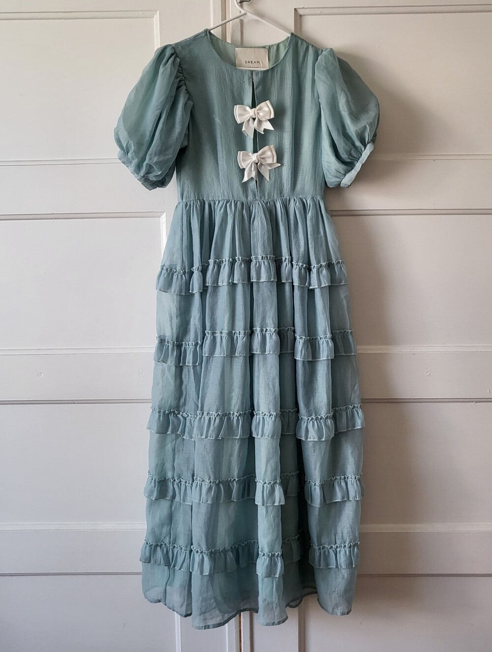 Dream Sister Jane Tiered Maxi Dress Puff Sleeves Bow Prairie Size S Light Blue